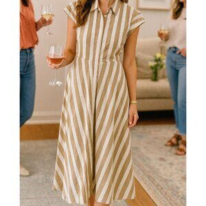 Emme Marella Short Sleeve Beige Stripe Midi Dress Size 12